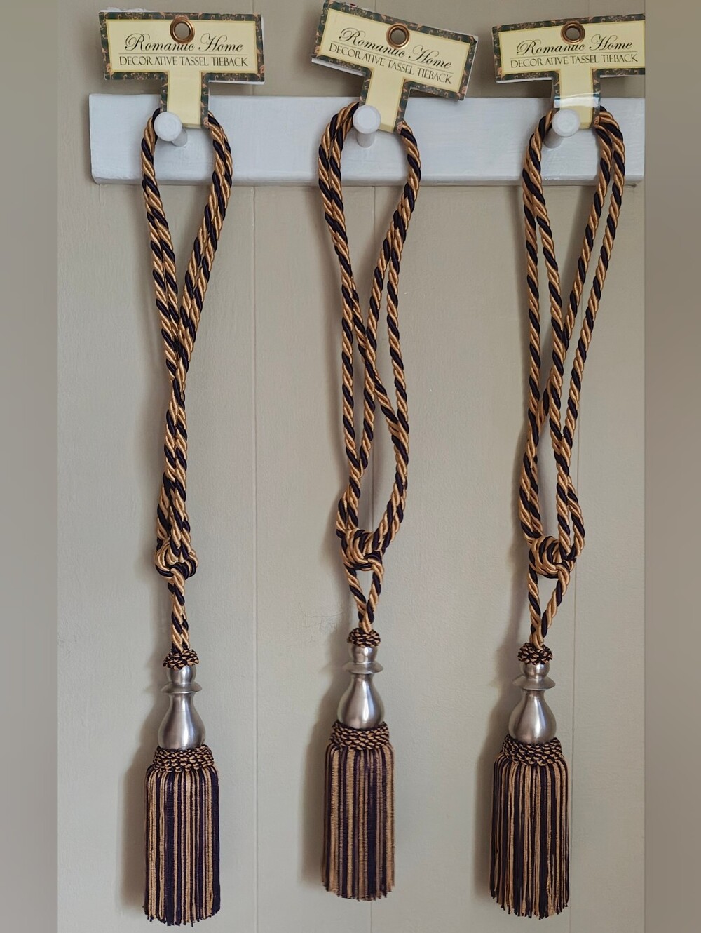 Elegant Decorative Gold and Purple Curtain TieBacks With Tassels Set Of 3.
